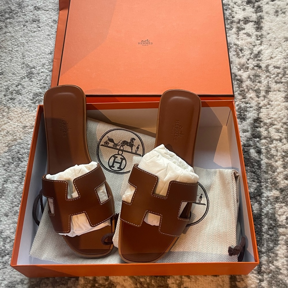 Hermes Oran Sandals Size 37 in Tan/Camel - great condition! (price negotiable)